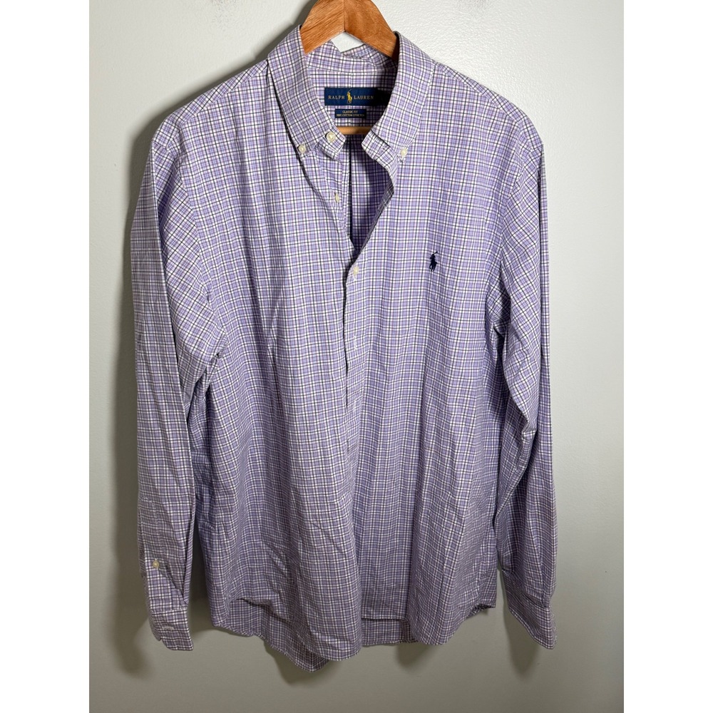 Ralph Lauren Classic Fit Shirt Mens L Purple Plaid Cotton Stretch Button Down